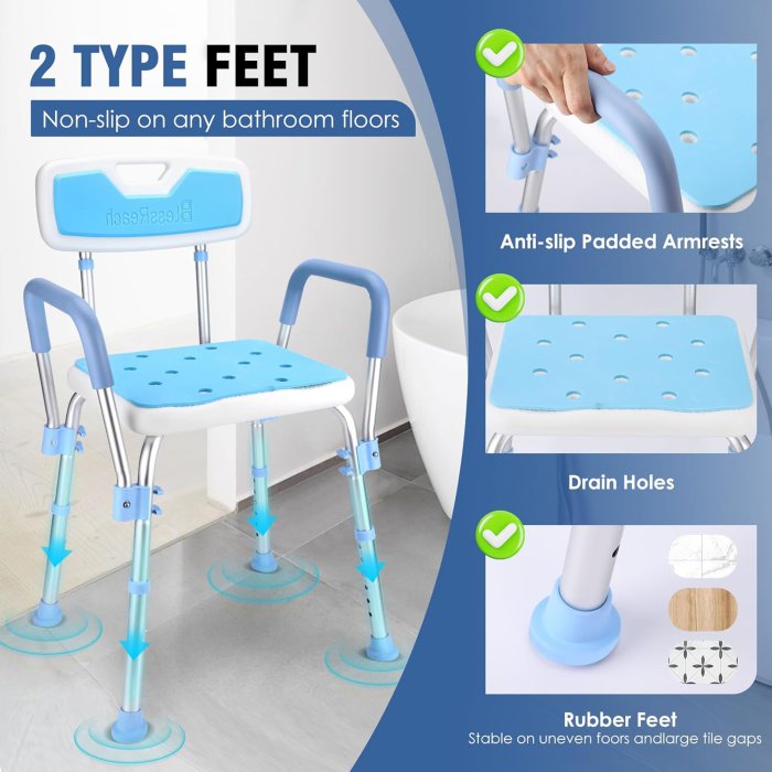 Adjustable Portable Shower Chair with Arms and Storage Bags (image 3)