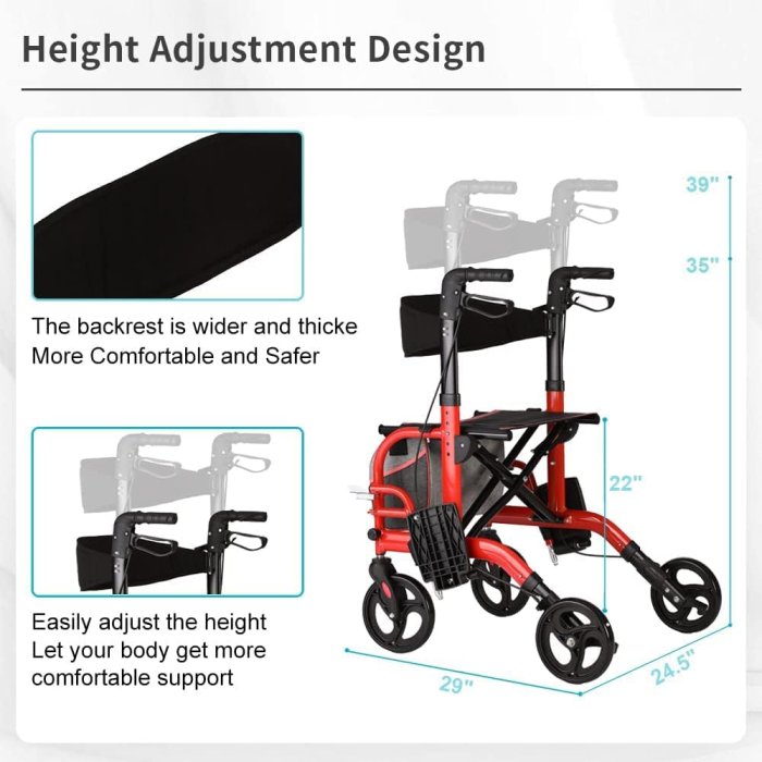 BlessReach Rollator Walker with Seat (Red) (image 2)