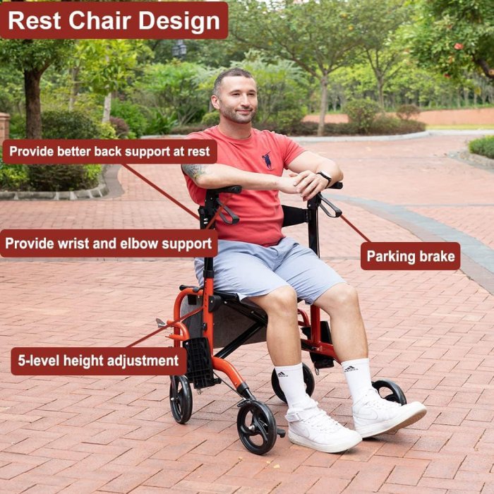 BlessReach Rollator Walker with Seat (Red) (image 4)