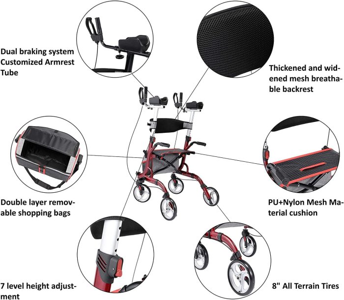 Rollator Walker with Seat - Lightweight Mobility Aid (Red) (image 4)